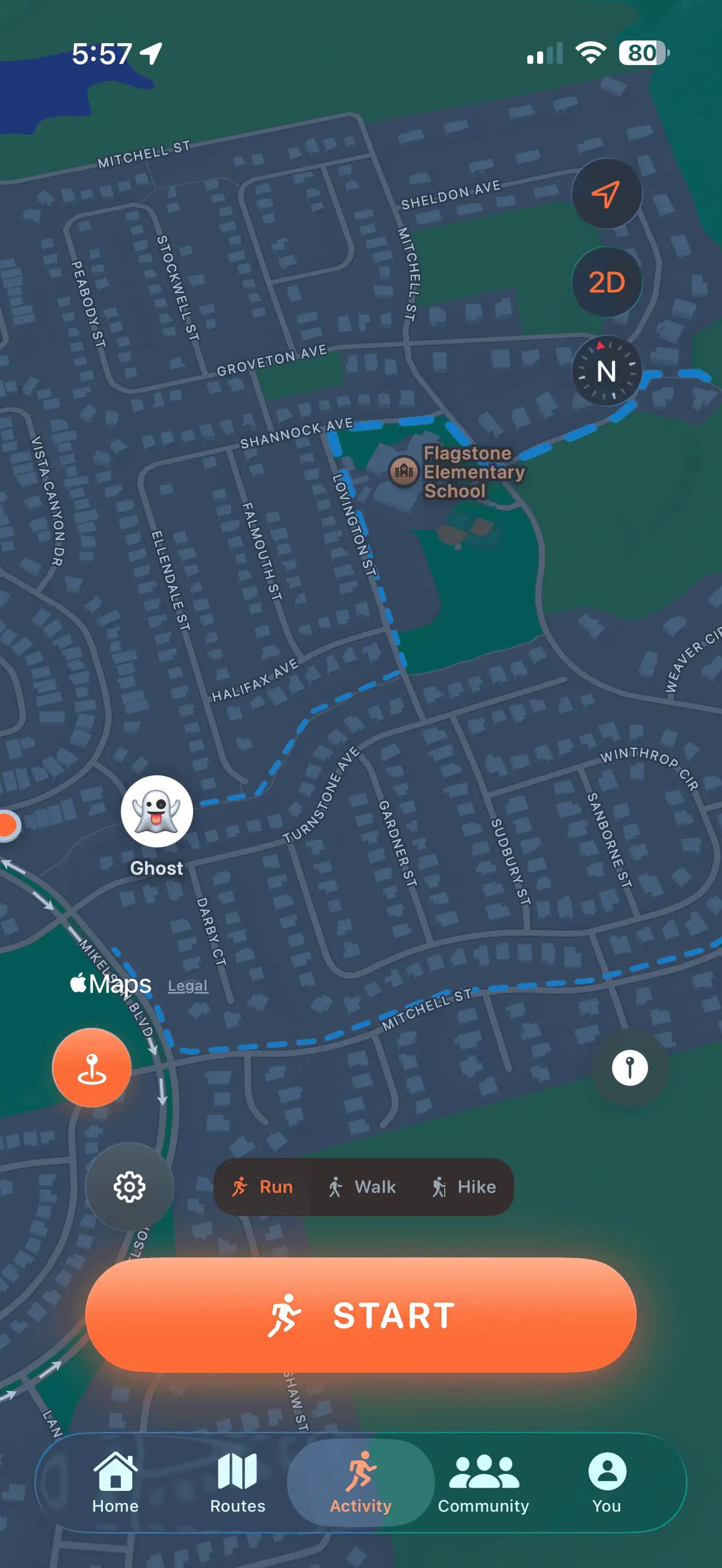 StriveTribes live run tracking screen with pace, distance, and map