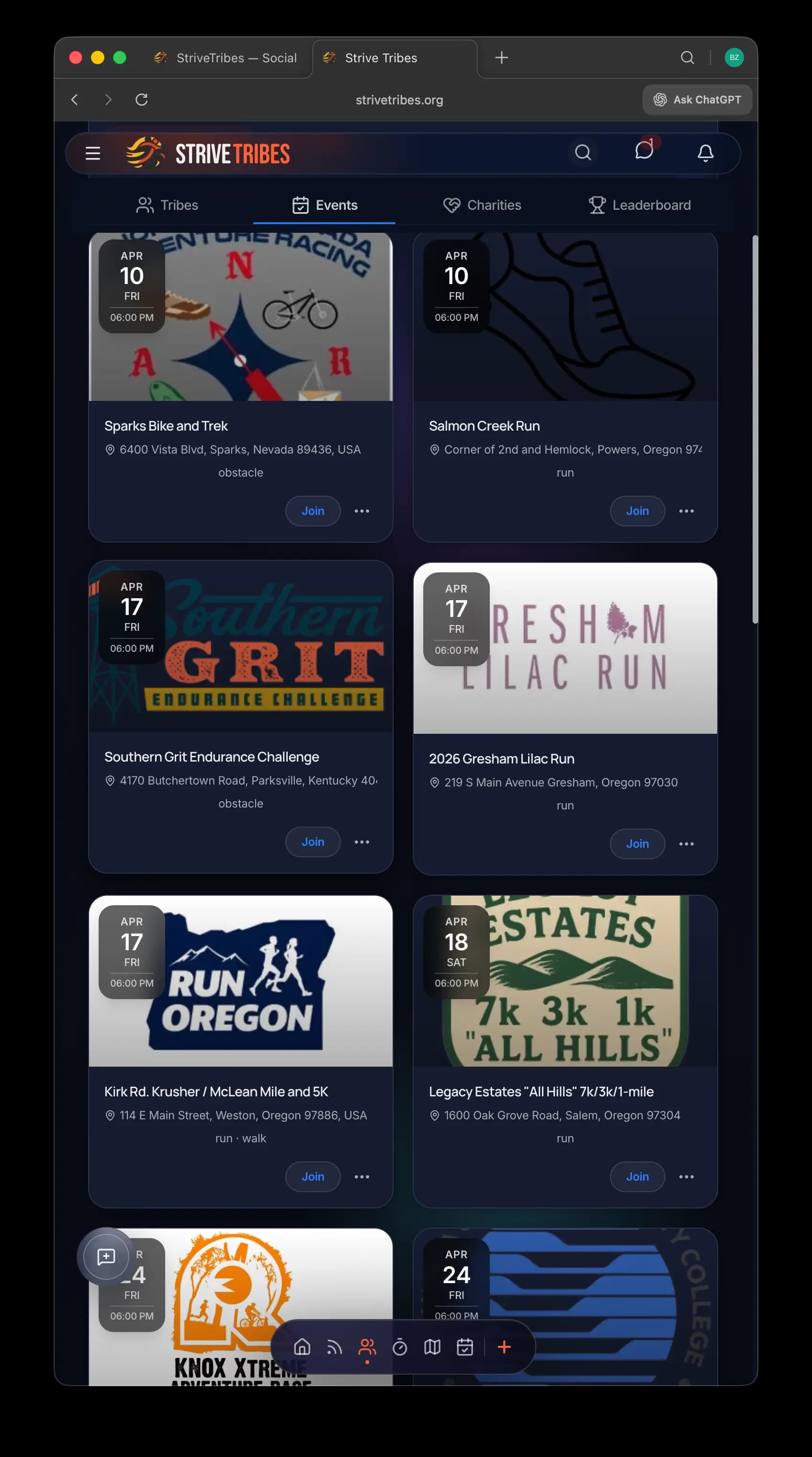 StriveTribes event details page with participant list and location